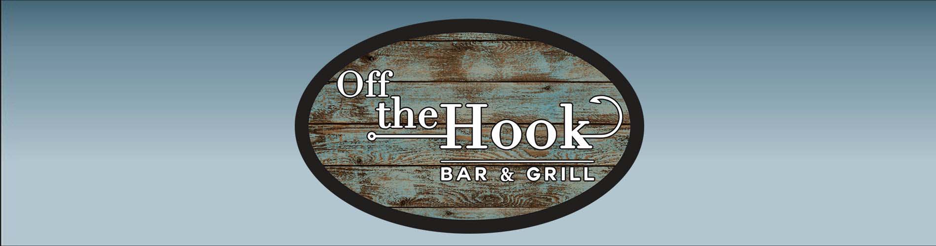 row of blue gray color with Off the Hook logo centered inside of it